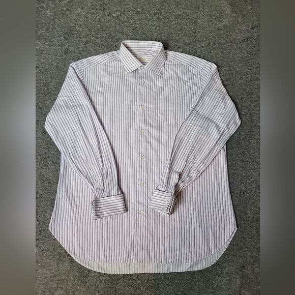 Brioni Men's Dress Formal Shirt Size L White And Purple Stripe French Cuff Grea - Picture 1 of 9